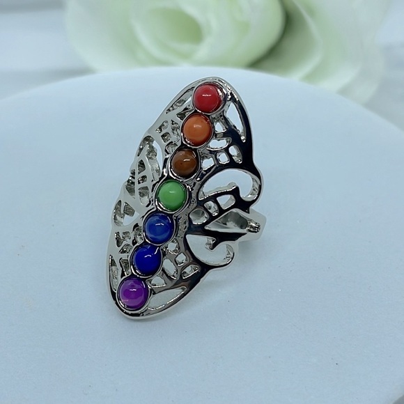 Zen Multicolored  Stone Silver Ring - Picture 5 of 10